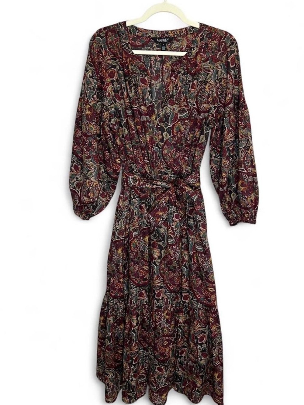 Lauren Ralph Lauren burgundy floral and paisley cotton voile tiered midi dress - Picture 7 of 7